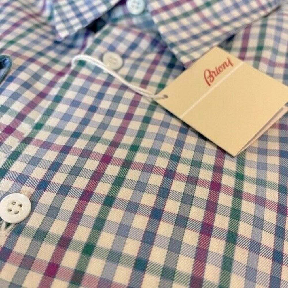 750$ BRIONI MENS Blue PURPLE SPORT SHIRT LONG SLEEVE Gingham Check 2XL ITALY - Picture 1 of 8